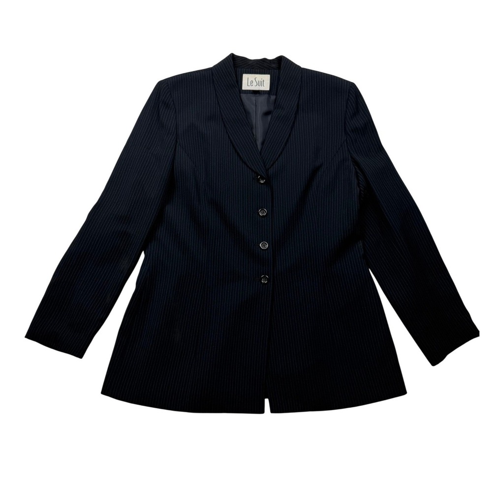 Vintage Y2K Le Suit medium Navy Blue Pinstripe Longline Blazer Career Jacket